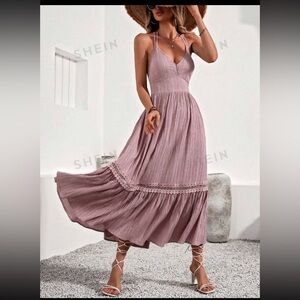 Dusty pink halter midi dress with ruffle ham